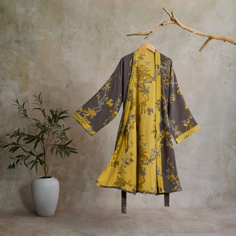 Kimono in cotone con foglie floreali vintage - Grigio - L - image 0