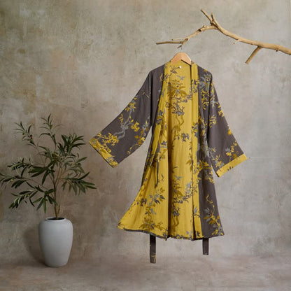Kimono in cotone con foglie floreali vintage - Grigio - L - image 0