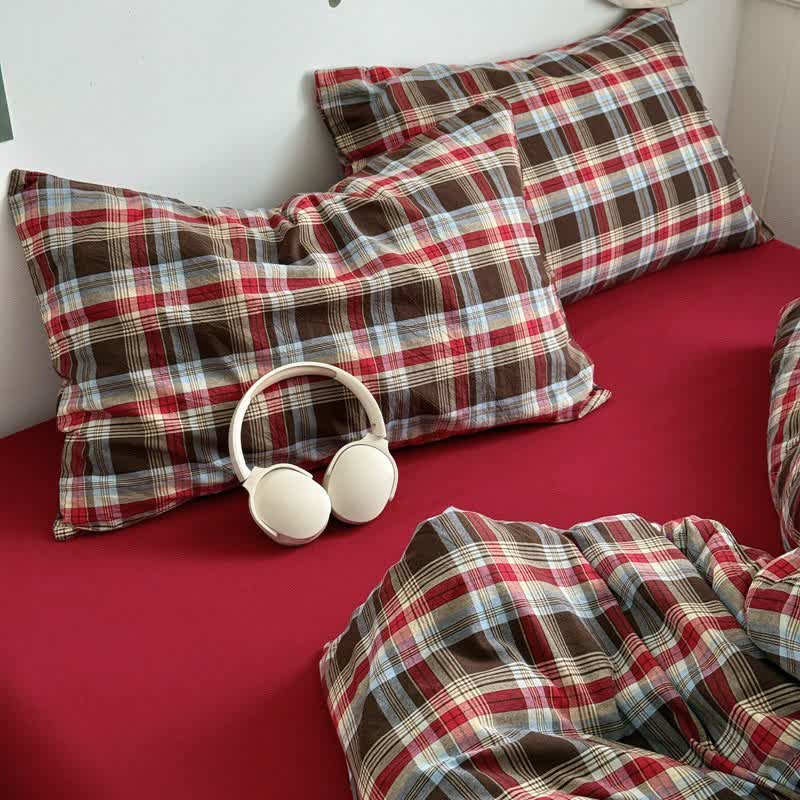 Set di biancheria da letto in cotone a quadri classici - Rosso - 2 federe - 48cm x 74cm - image 15