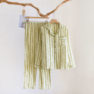 Completo da casa in cotone con stampa a righe a foglia di foglia - Verde - 2XL - image 0