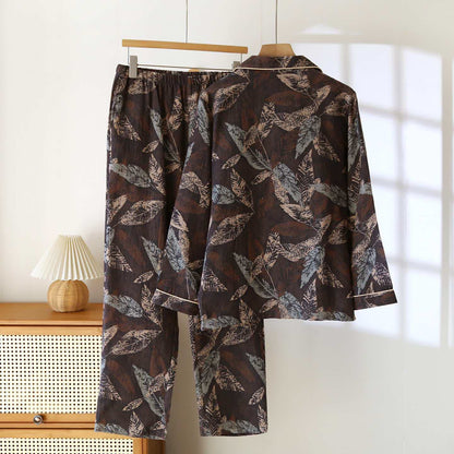 Loungewear in garza di cotone jacquard con motivo a foglie artistiche - image 1