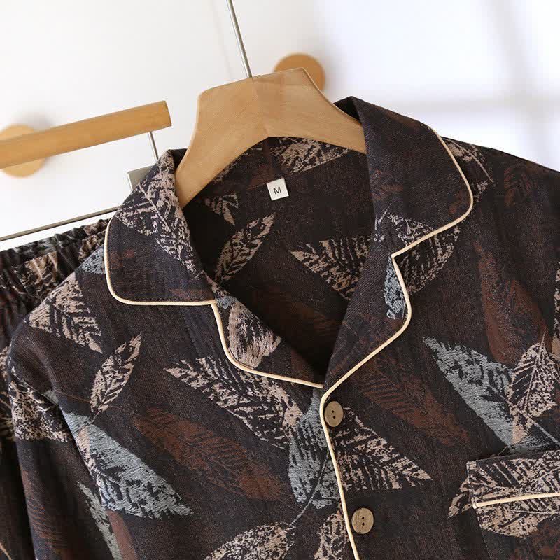 Loungewear in garza di cotone jacquard con motivo a foglie artistiche - image 2