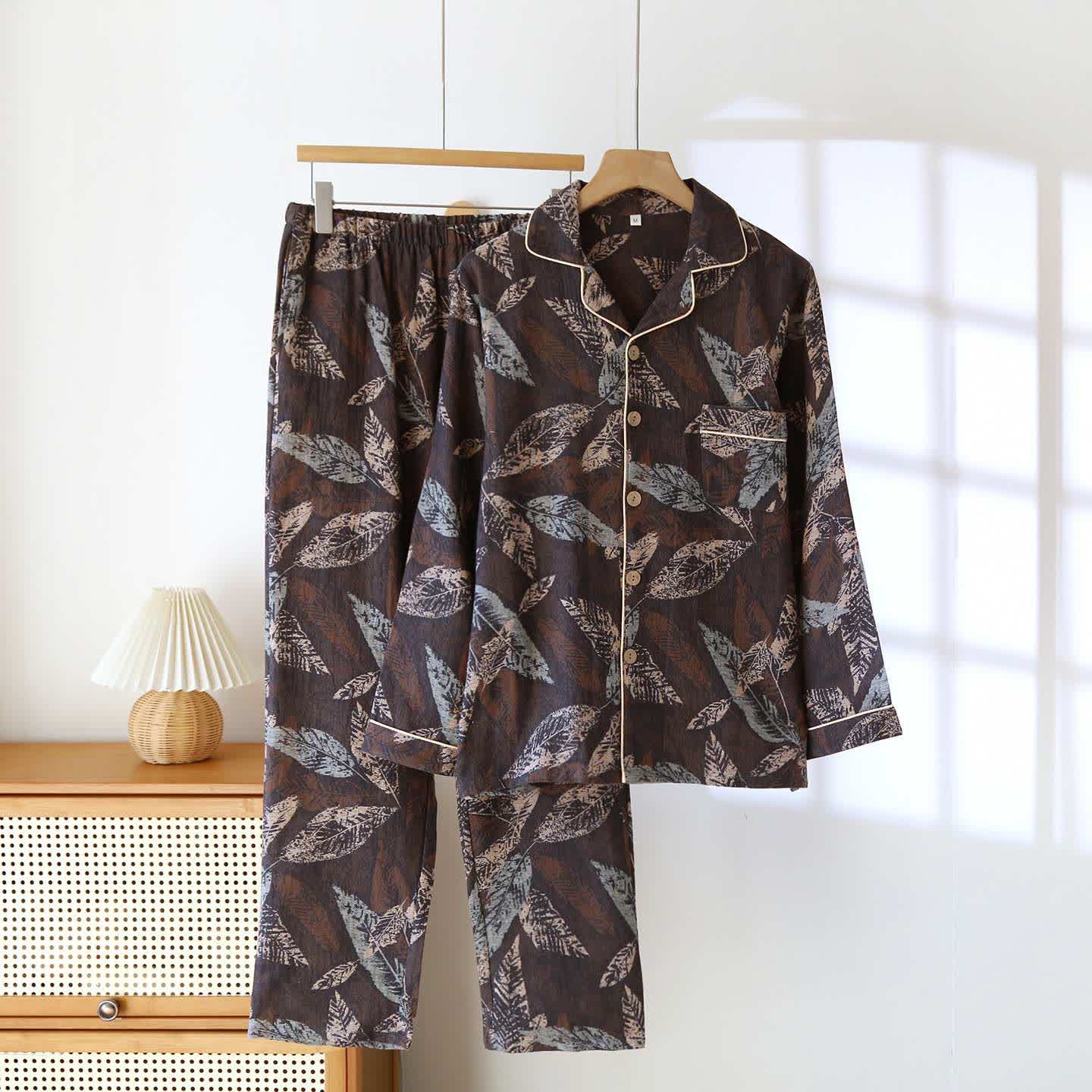 Loungewear in garza di cotone jacquard con motivo a foglie artistiche - Nero - 2XL - image 0