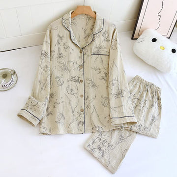 Elegante completo da notte in cotone floreale vintage - Beige - XL - image 0