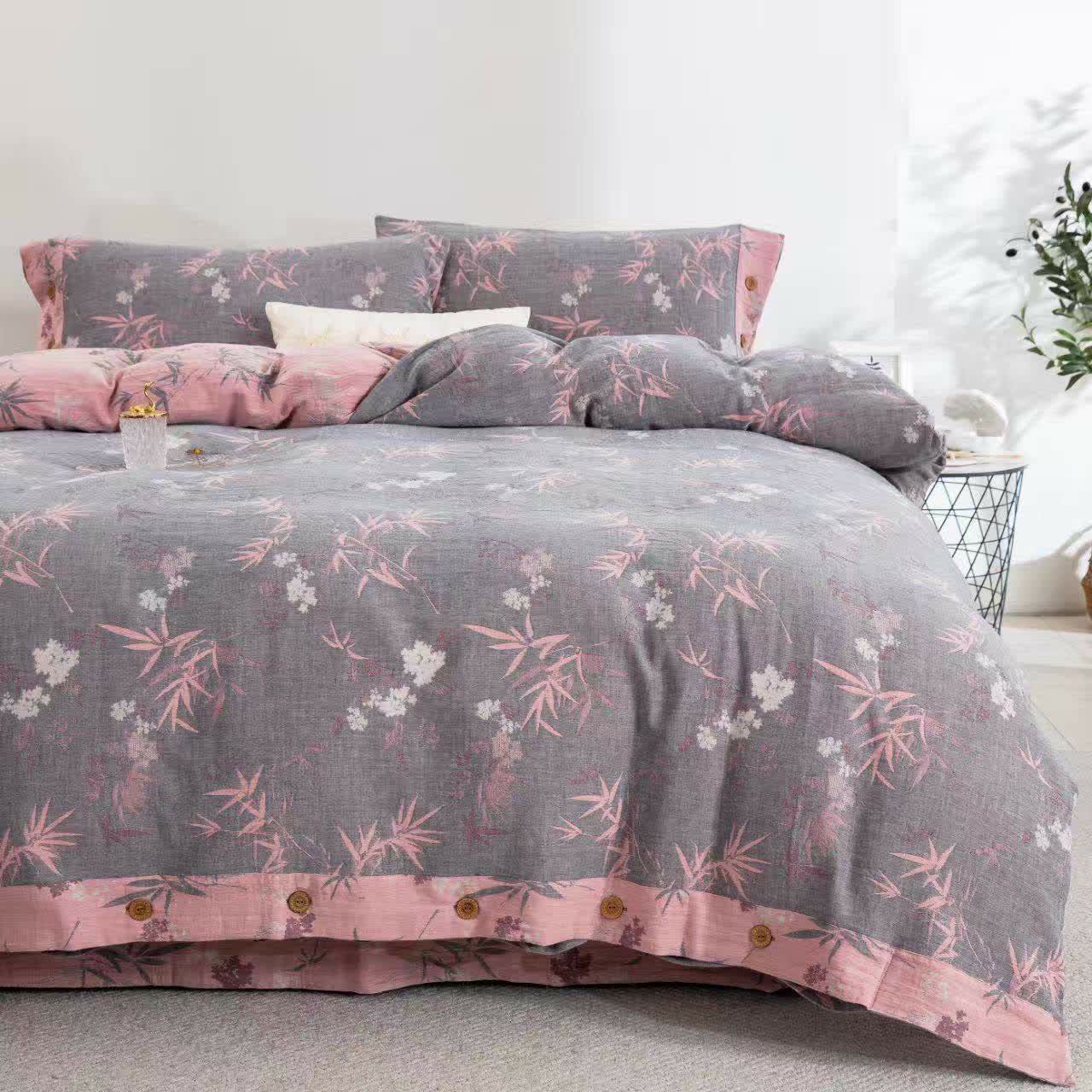 Set di biancheria da letto in cotone a doppia garza con foglie di bambù (4 pezzi) - image 1