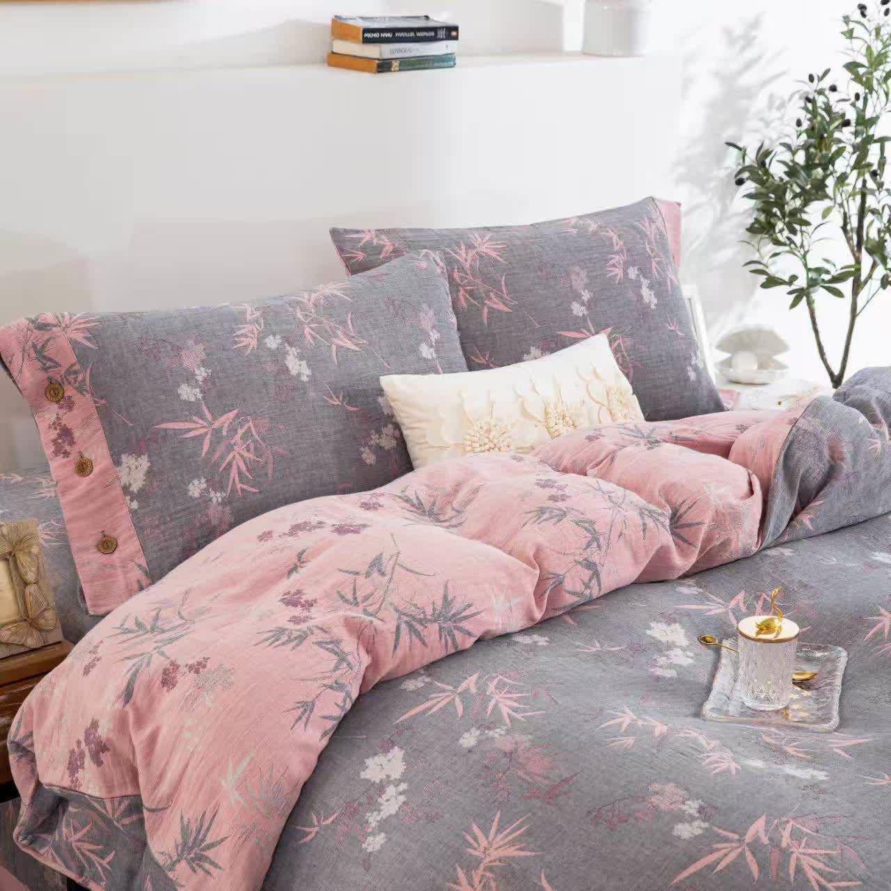 Set di biancheria da letto in cotone a doppia garza con foglie di bambù (4 pezzi) - image 2