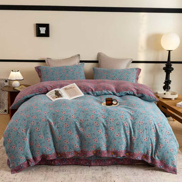 Set di biancheria da letto in cotone a doppia garza con motivo floreale rustico (4 pezzi) - Matrimoniale Grande - image 0