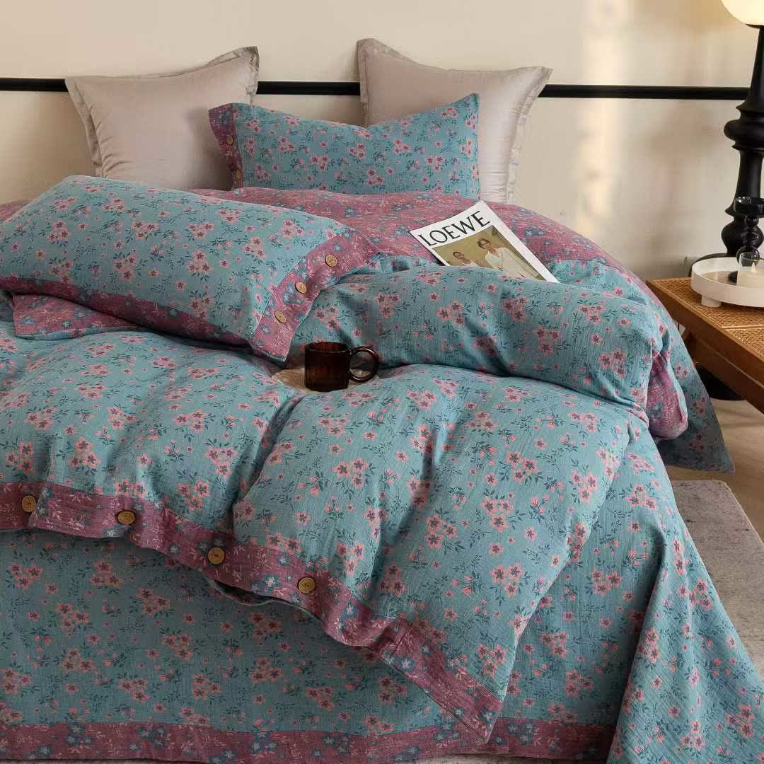 Set di biancheria da letto in cotone a doppia garza con motivo floreale rustico (4 pezzi) - image 3