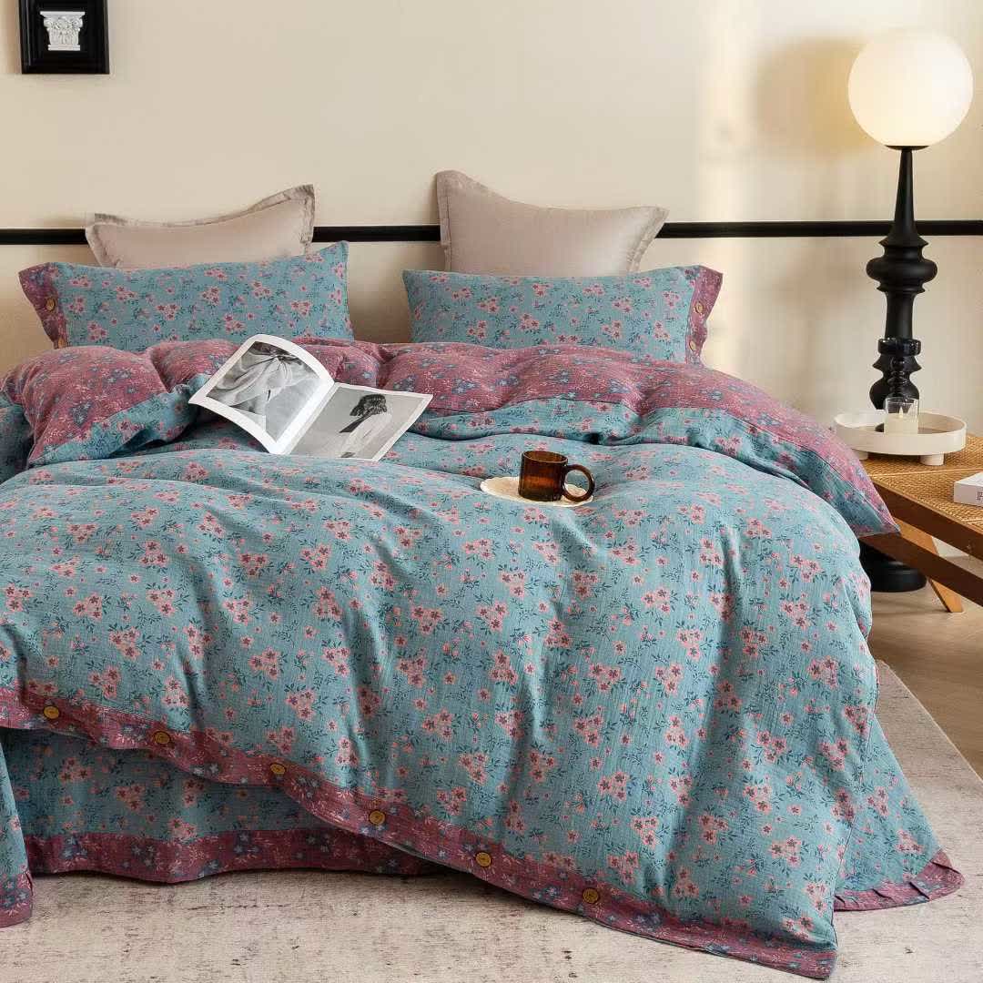 Set di biancheria da letto in cotone a doppia garza con motivo floreale rustico (4 pezzi) - image 1