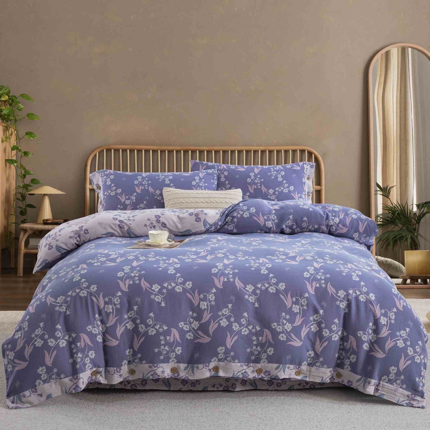Elegante set di biancheria da letto in cotone a doppia garza floreale (4 pezzi) - Matrimoniale Grande - image 0