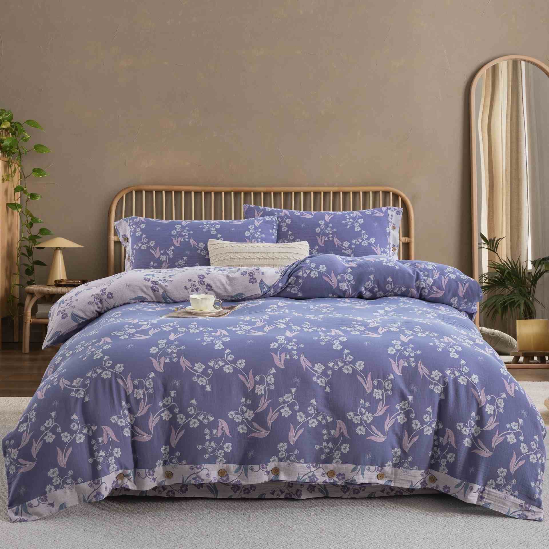 Elegante set di biancheria da letto in cotone a doppia garza floreale (4 pezzi) - Matrimoniale Grande - image 0