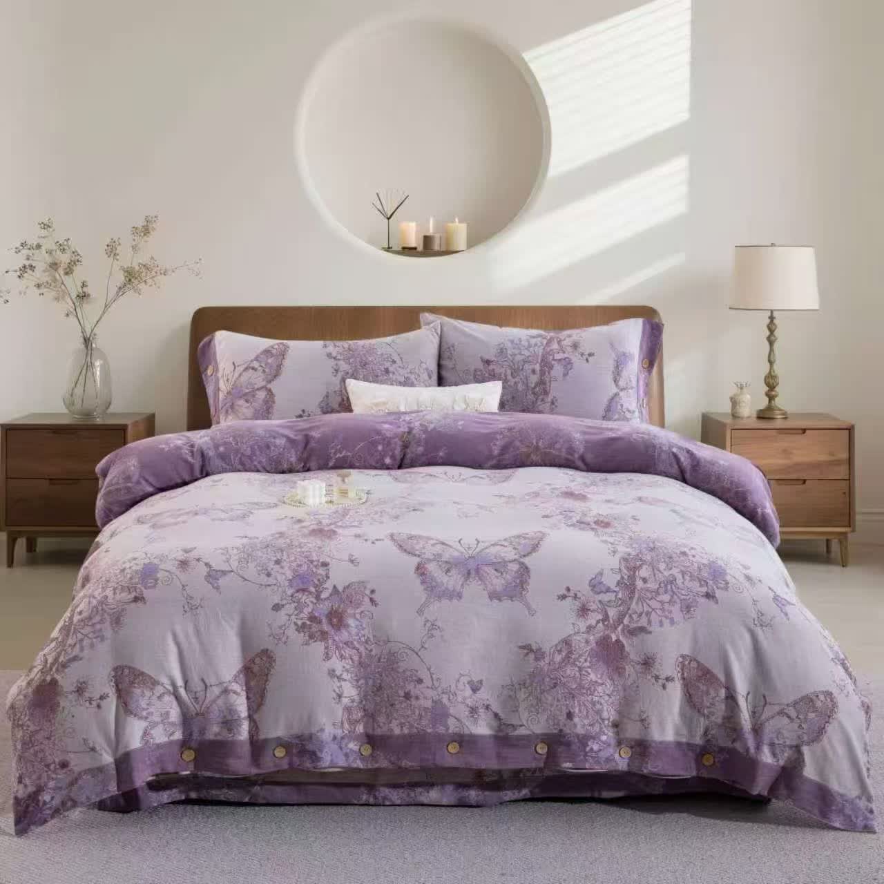 Set di biancheria da letto Dreamy Butterfly in cotone a doppia garza (4 pezzi) - Grigio chiaro - Matrimoniale Grande - image 5