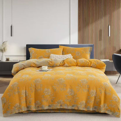 Set di biancheria da letto in garza di cotone con motivo floreale (4 pezzi) - Giallo - Matrimoniale Grande - image 0