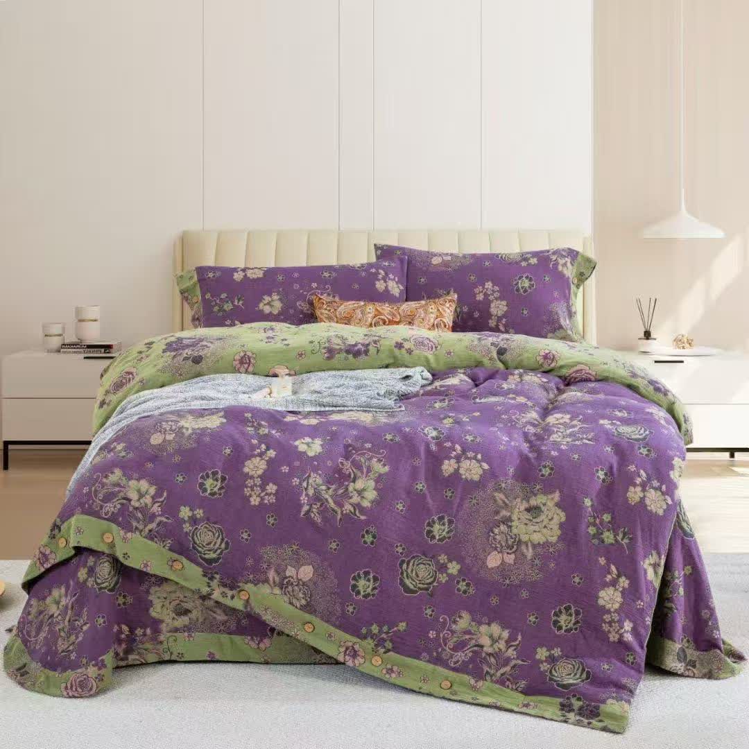 Set di biancheria da letto con bottoni in garza di cotone Peony (4 pezzi) - Viola - Matrimoniale Grande - image 2