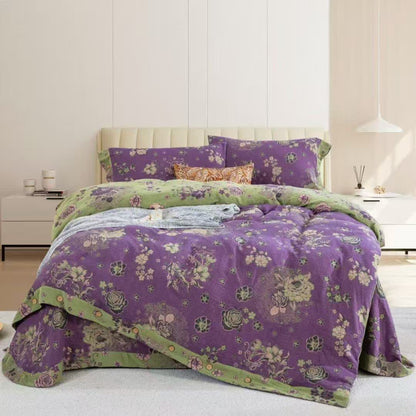 Set di biancheria da letto con bottoni in garza di cotone Peony (4 pezzi) - Viola - Matrimoniale Grande - image 2