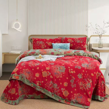 Set di biancheria da letto con bottoni in garza di cotone e fantasia peonia (4 pezzi) - Rosso  - Matrimoniale Grande - image 0