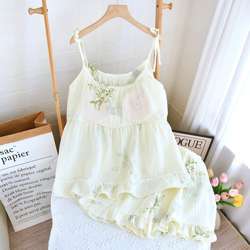 Pigiama in cotone con stampa a foglie e canotta - image 2