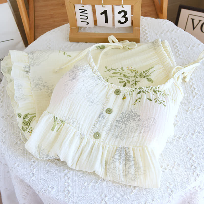 Pigiama in cotone con stampa a foglie e canotta - image 3