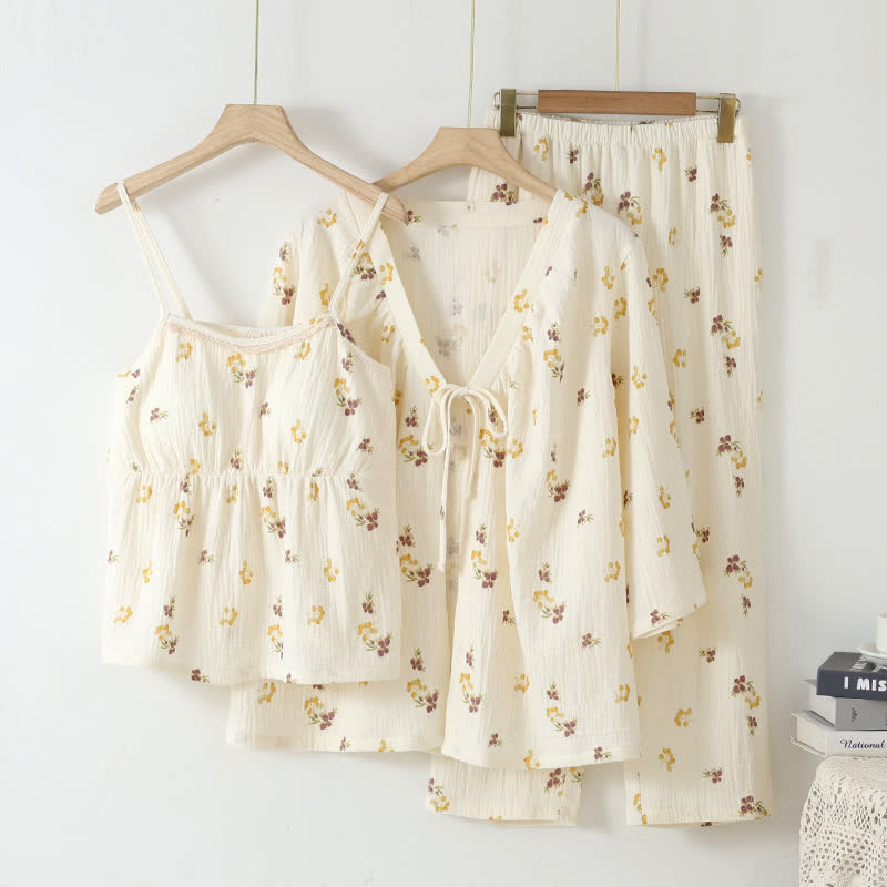 Set pigiama in cotone con canotta in stile rustico (3 pezzi) - Bianco - XL - image 0