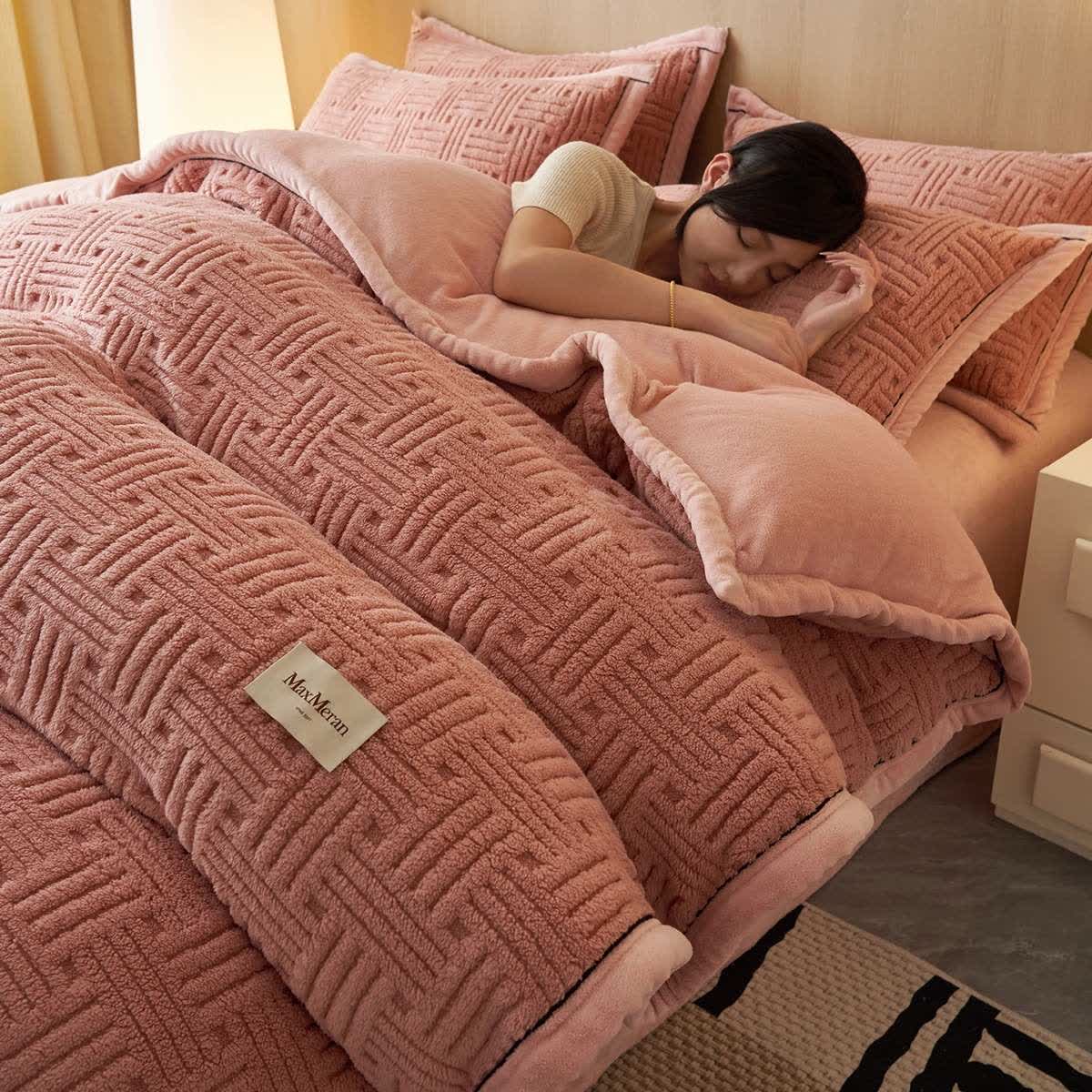 Set di biancheria da letto in peluche con motivo a nodi a righe - Rosa - Set di biancheria da letto (4 pezzi) - Matrimoniale Grande - image 6