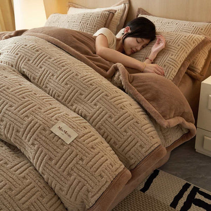 Set di biancheria da letto in peluche con motivo a nodi a righe - Caffè scuro - Set di biancheria da letto (4 pezzi) - Matrimoniale Grande - image 1