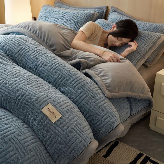 Set di biancheria da letto in peluche con motivo a nodi a righe - Grigio blu - Set di biancheria da letto (4 pezzi) - Matrimoniale Grande - image 0