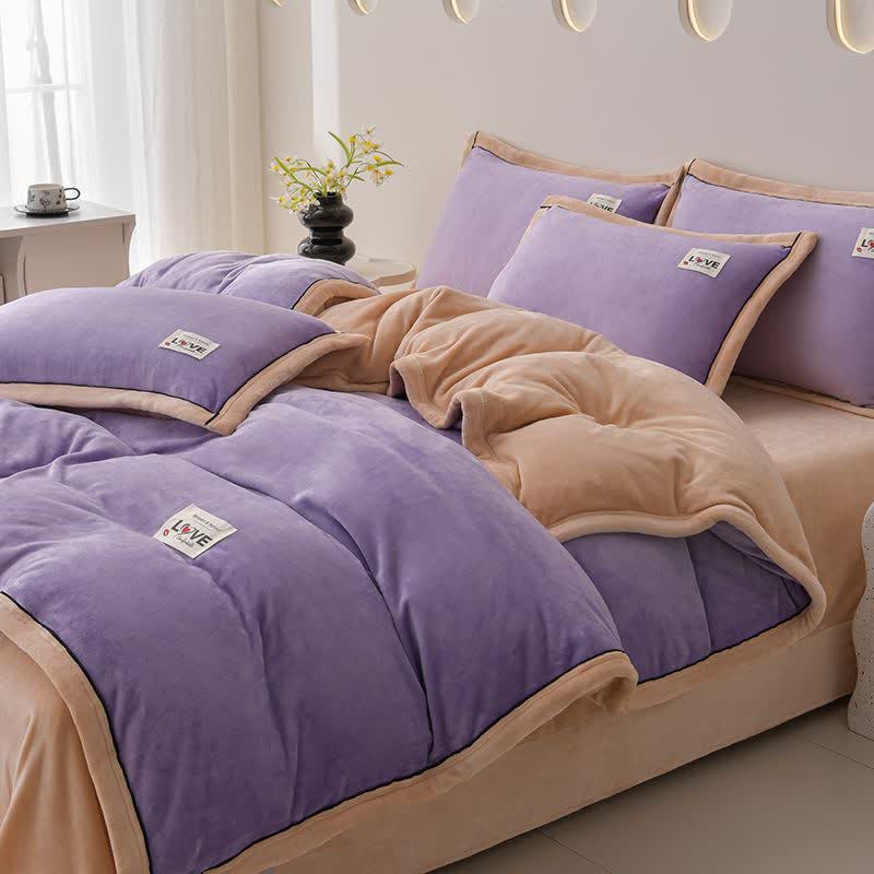 Set di biancheria da letto reversibile in peluche caldo (4 pezzi) - Viola + Albicocca - Matrimoniale Grande - image 11