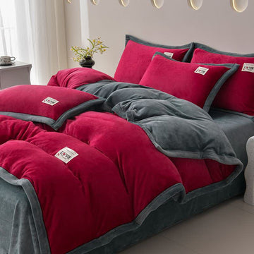 Set di biancheria da letto reversibile in peluche caldo (4 pezzi) - Vino + Grigio scuro - Matrimoniale Grande - image 0