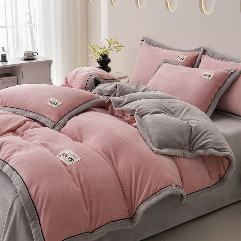 Set di biancheria da letto reversibile in peluche caldo (4 pezzi) - Rosa + Grigio chiaro - Matrimoniale Grande - image 8