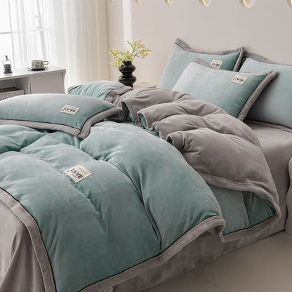 Set di biancheria da letto reversibile in peluche caldo (4 pezzi) - Blu Verde + Grigio Chiaro - Matrimoniale Grande - image 10