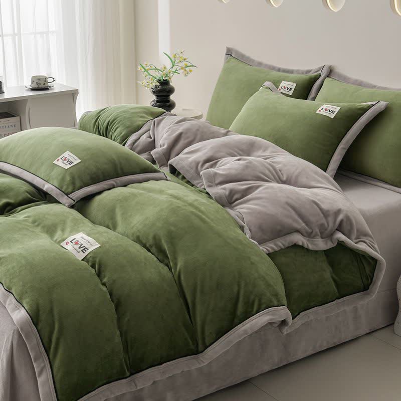 Set di biancheria da letto reversibile in peluche caldo (4 pezzi) - Verde + Grigio chiaro - Matrimoniale Grande - image 7