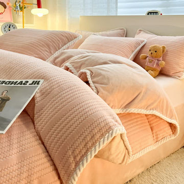 Set di biancheria da letto in peluche jacquard a righe ondulate - Rosa - Set di biancheria da letto - Matrimoniale Grande - image 0