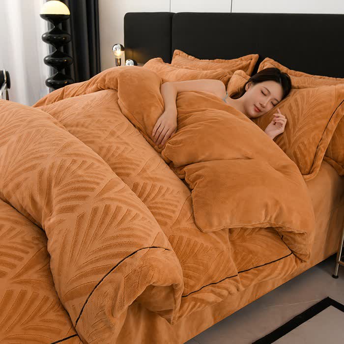 Set di biancheria da letto in peluche testurizzato ispirato alle foglie (4 pezzi) - Arancia - Matrimoniale Grande - image 0