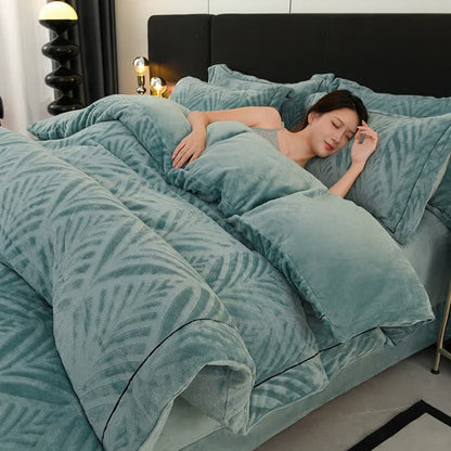 Set di biancheria da letto in peluche testurizzato ispirato alle foglie (4 pezzi) - Verde - Matrimoniale Grande - image 15