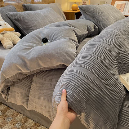Set di biancheria da letto in peluche testurizzato a righe verticali (4 pezzi) - Grigio - Matrimoniale Grande - image 7