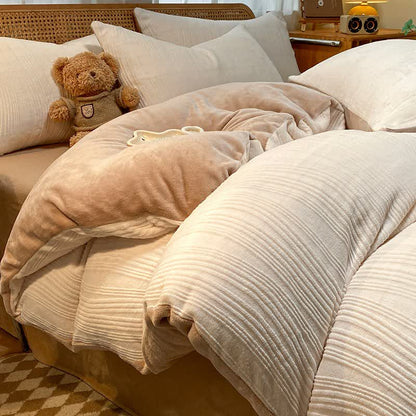 Set di biancheria da letto in peluche testurizzato a righe verticali (4 pezzi) - Beige e caffè - Matrimoniale Grande - image 8