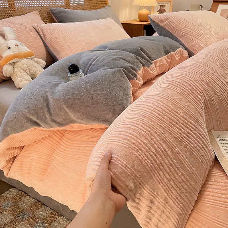 Set di biancheria da letto in peluche testurizzato a righe verticali (4 pezzi) - Rosa e grigio - Matrimoniale Grande - image 6