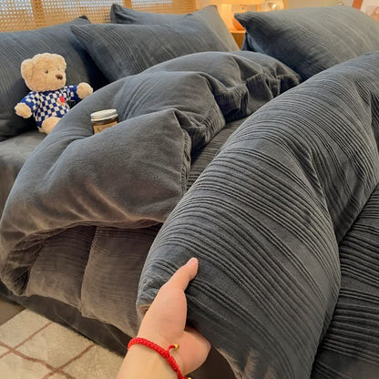 Set di biancheria da letto in peluche testurizzato a righe verticali (4 pezzi) - Grigio scuro - Matrimoniale Grande - image 5