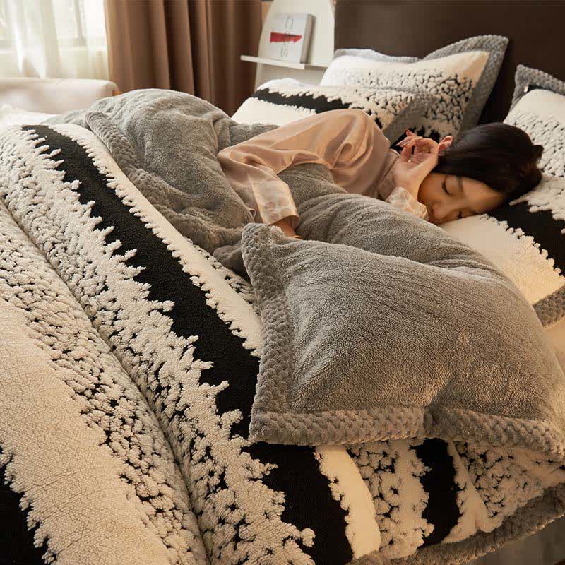 Biancheria da letto in peluche jacquard a righe in stile artistico - Bianco e nero - Set di biancheria da letto - Matrimoniale Grande - image 0