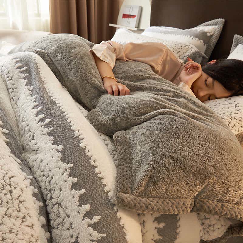 Biancheria da letto in peluche jacquard a righe in stile artistico - Bianco e grigio - Set di biancheria da letto - Matrimoniale Grande - image 4