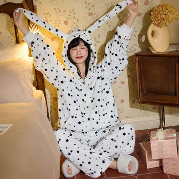 Completo da notte in peluche con cappuccio e cerniera a forma di orecchie da coniglio - Bianco - 2XL - image 0