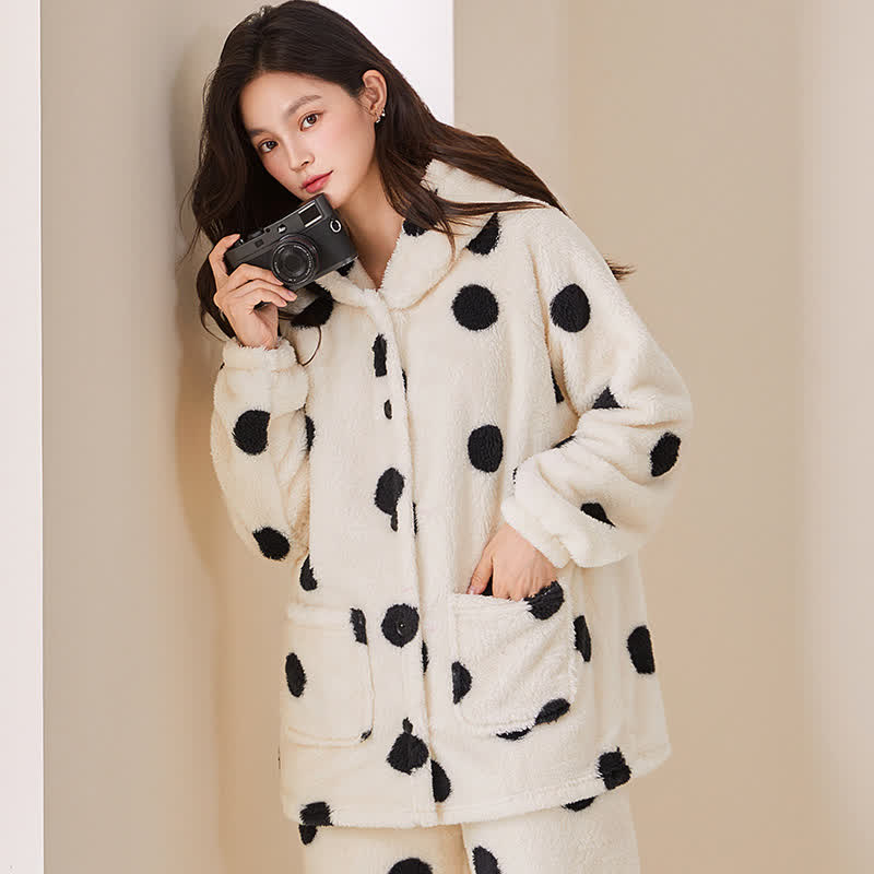 Completo da notte in peluche con cappuccio a pois - Bianco - 2XL - image 0