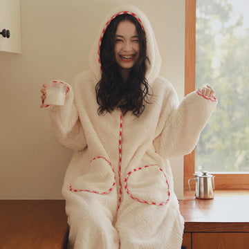 Accappatoio in peluche con cappuccio e bottoni a righe - Beige - XL - image 0