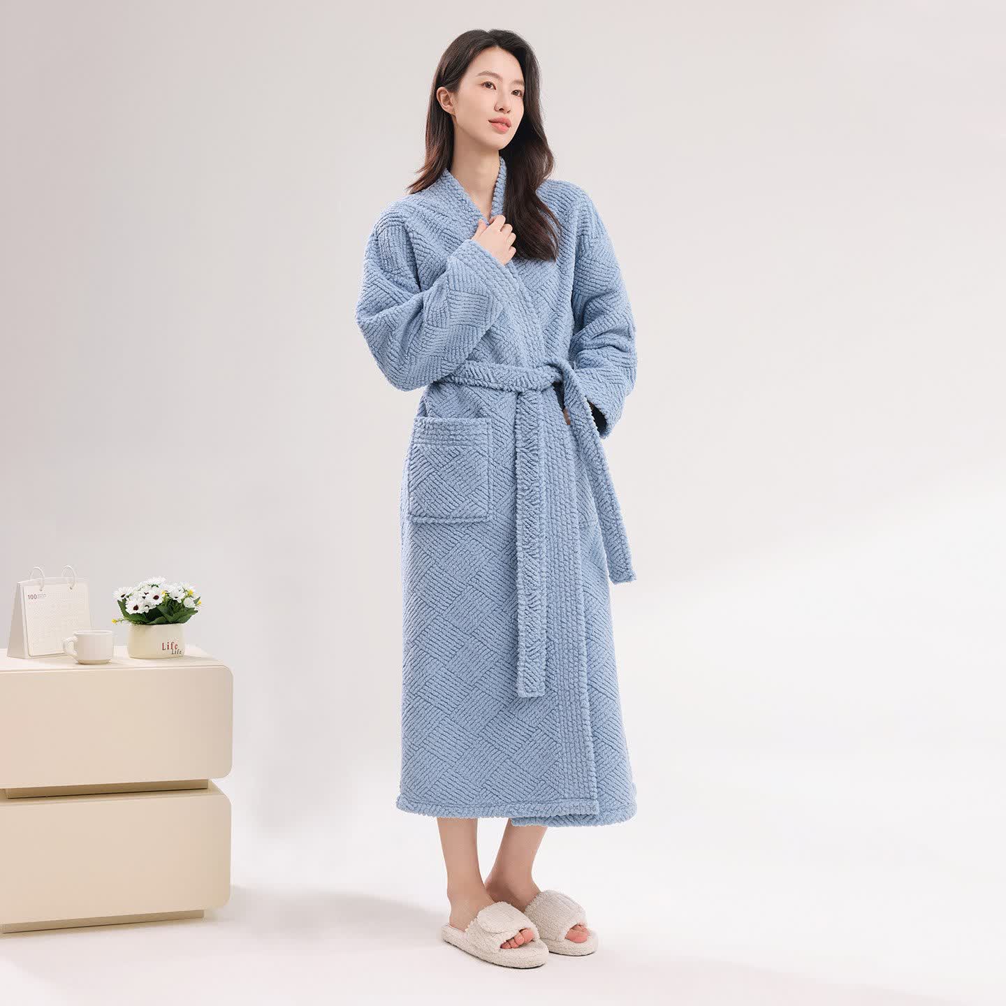Accappatoio in peluche con trama a rombi a righe - Blu - Accappatoio - 2XL - image 1