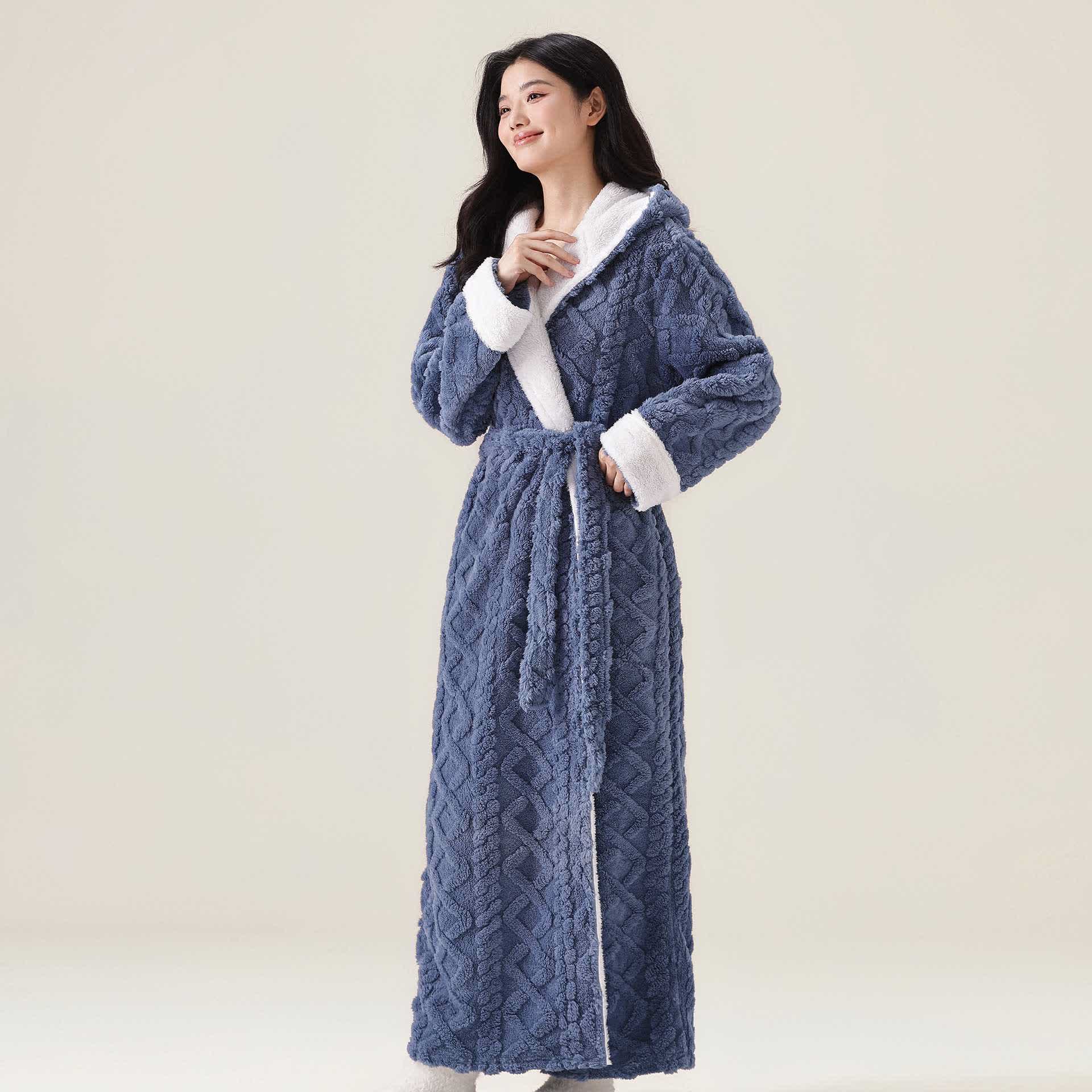 Accappatoio caldo in peluche con cappuccio in jacquard - Blu navy - XL - image 2