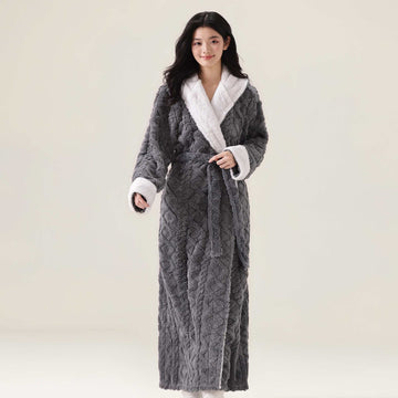 Accappatoio caldo in peluche con cappuccio in jacquard - Grigio - XL - image 0
