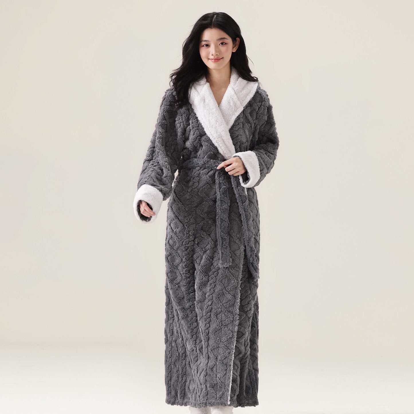 Accappatoio caldo in peluche con cappuccio in jacquard - Grigio - XL - image 0