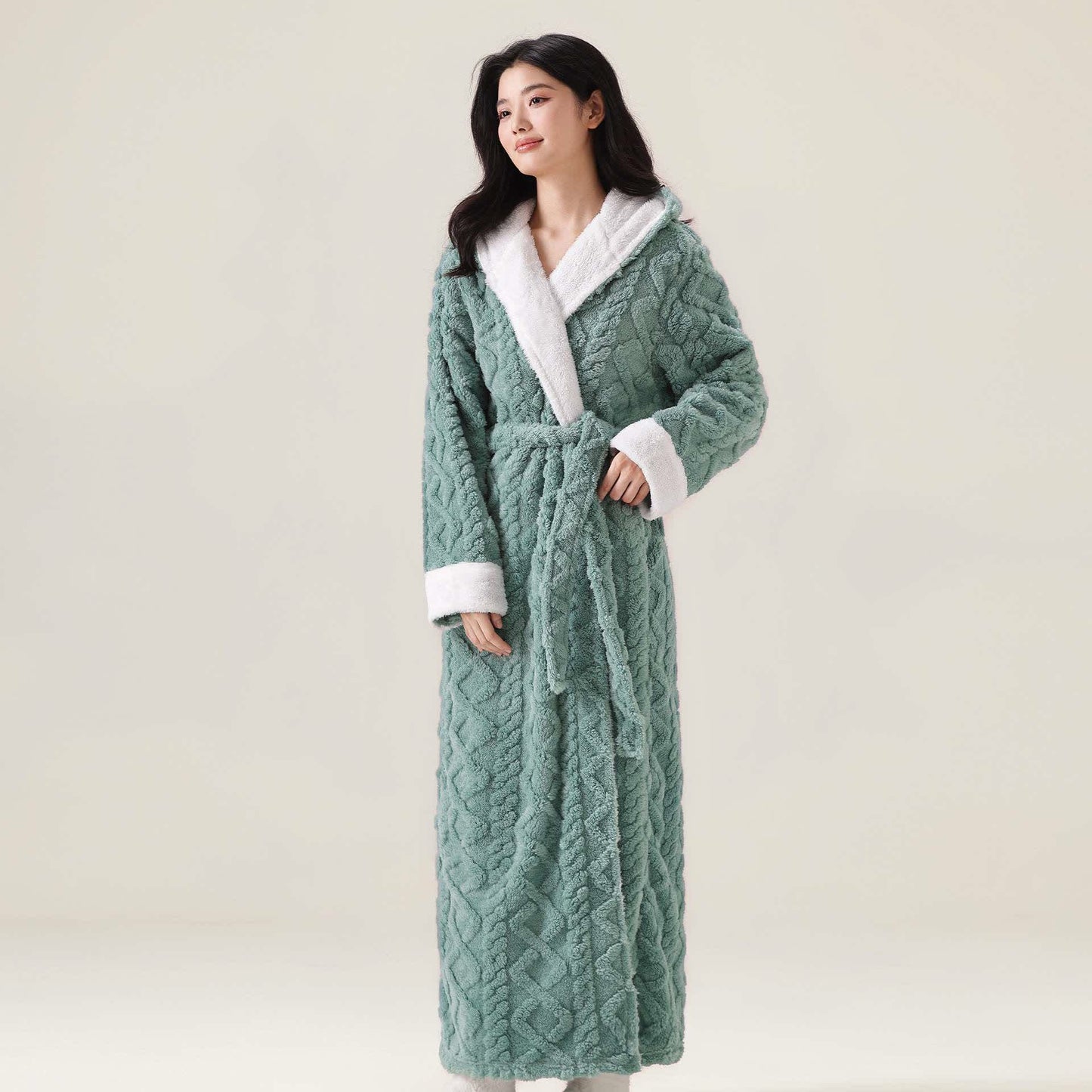 Accappatoio caldo in peluche con cappuccio in jacquard - Verde - XL - image 4
