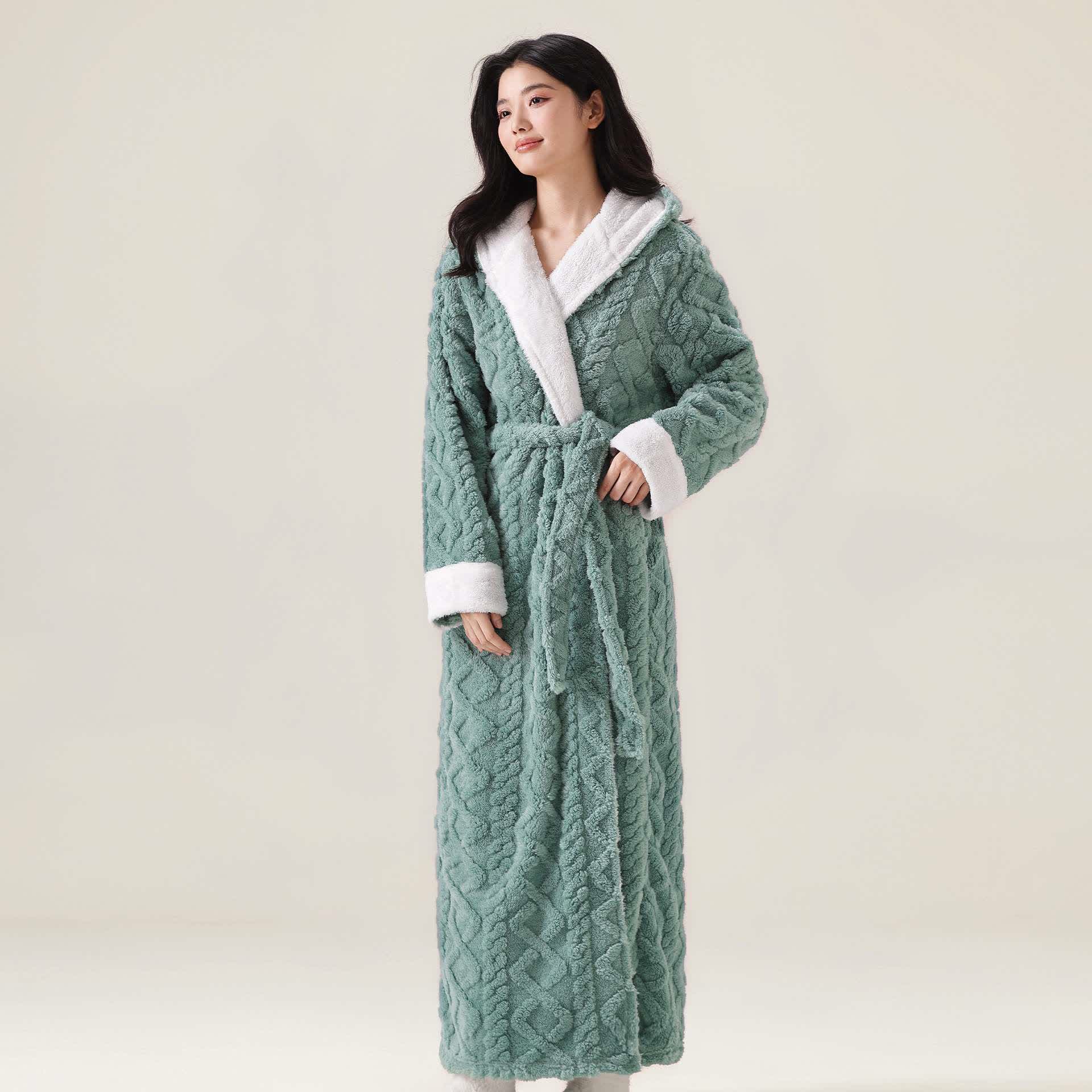 Accappatoio caldo in peluche con cappuccio in jacquard - Verde - XL - image 4
