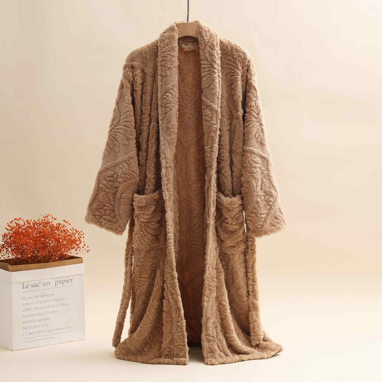 Accappatoio unisex in peluche jacquard retrò caldo - Caffè - XL - image 4